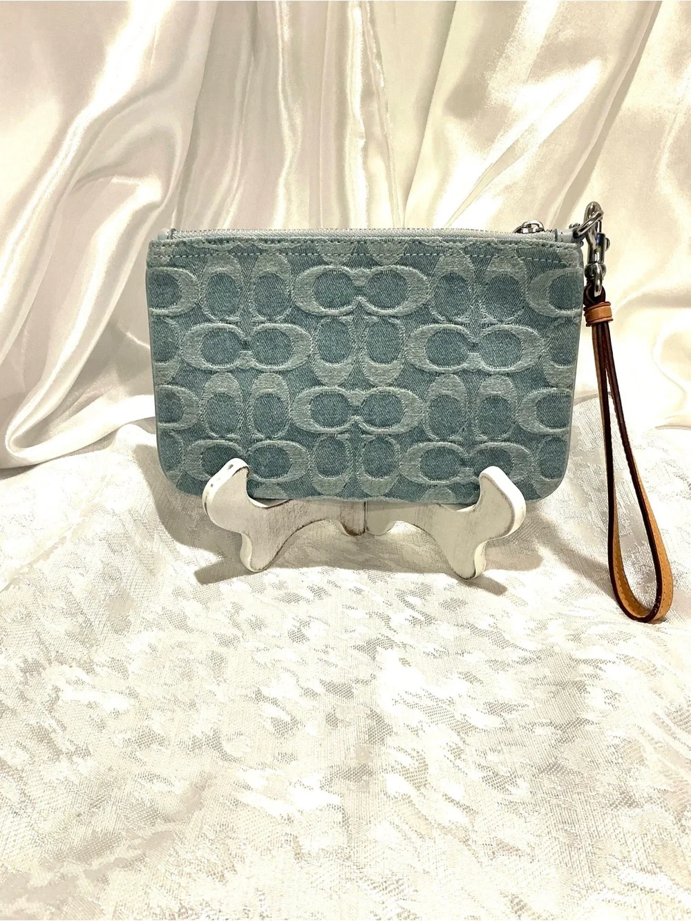 Coach Denim Wristlet with Tan Leather Strap CJ874